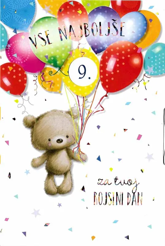 Voščilo, čestitka za rojstni dan, otroška, nastavljiva leta, medvedek z baloni