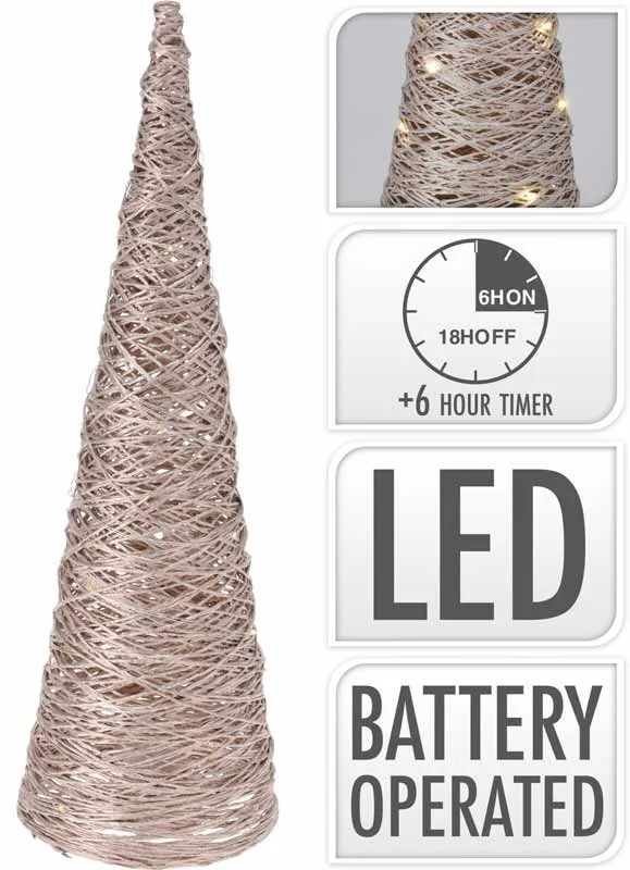 Stožec bronast, rafia, z LED lučkami, 20LED, 40cm