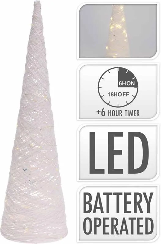 Stožec bel, rafia, z LED lučkami, 30LED, 60cm