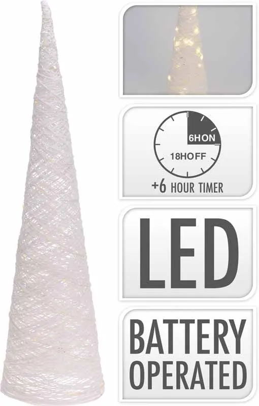 Stožec bel, rafia, z LED lučkami, 40LED, 80cm