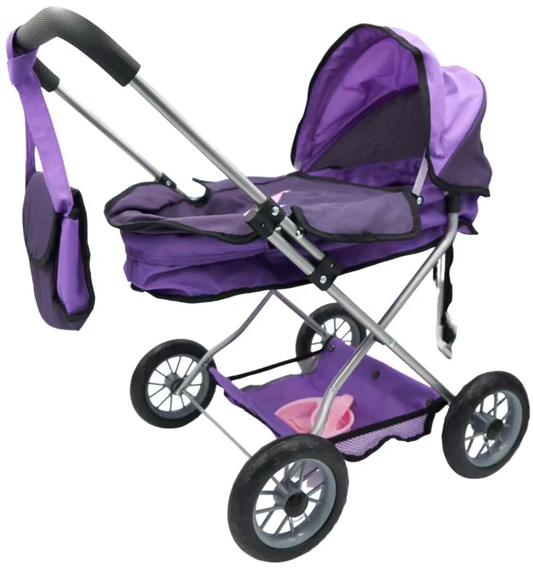 Voziček za punčke, vijoličen, s torbico in pripomočki za hranjenje, 37x58x56cm