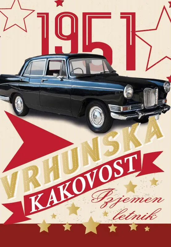 Voščilo, čestitka - 1951, vrhunska kakovost, izjemen letnik - črni avto, bleščice, 12x17cm