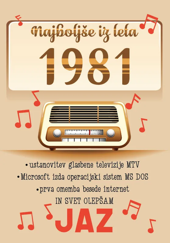 Voščilo, čestitka - Najboljše iz leta 1981 - bež, starinski radio, bleščice, 12x17cm