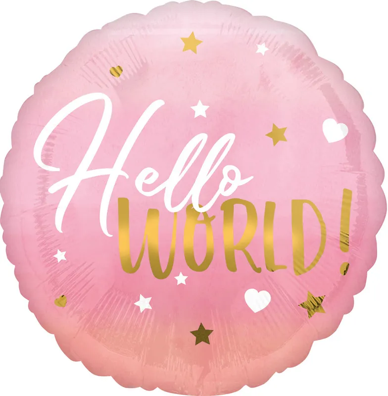 Balon napihljiv, za helij, Hello World, za rojstvo punčke, roza, 43cm