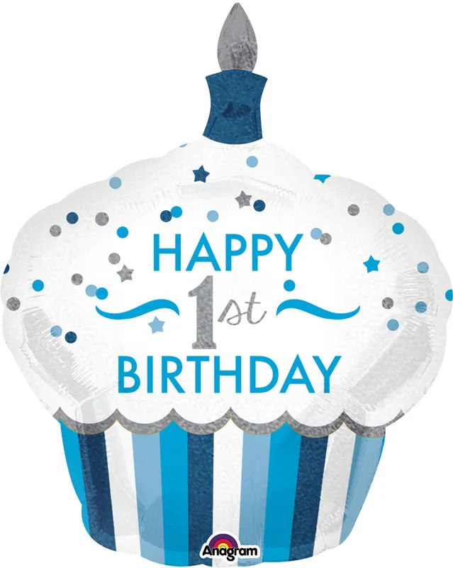Balon napihljiv, za helij, otroški, Cup Cake, Happy Birthday s št. 1, moder, 73x91cm