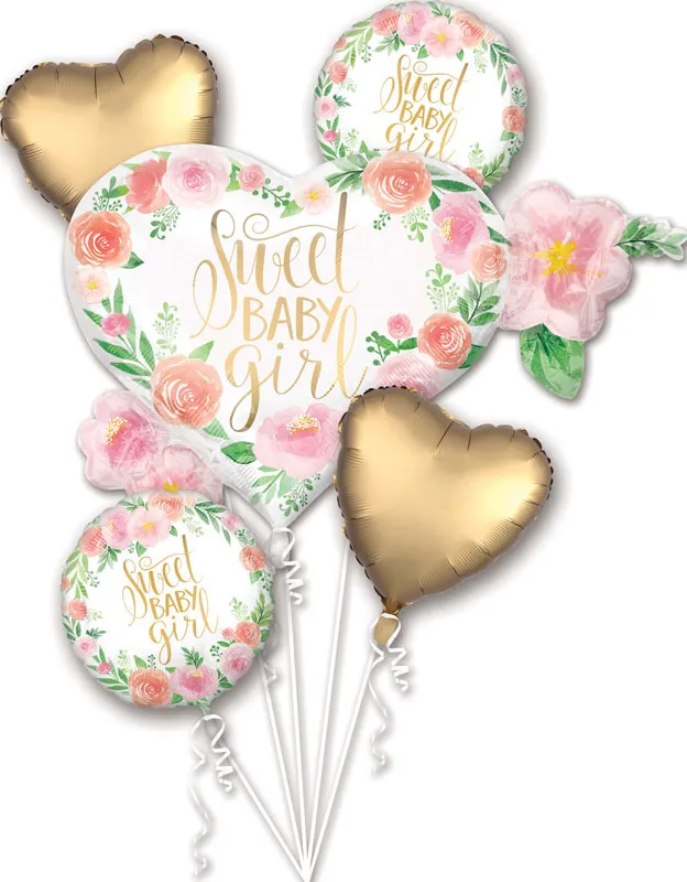 Set balonov - balon napihljiv, za helij, srček, Sweet Baby Girl, 68x50cm, 2x srček zlat, 43cm, 2x okrogel, 45cm