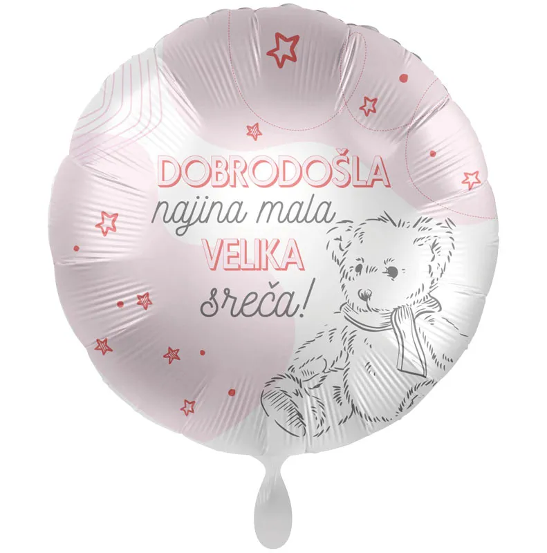 Balon napihljiv, za helij, Dobrodošla najina mala velika sreča, roza zvezde in medved, 43 cm