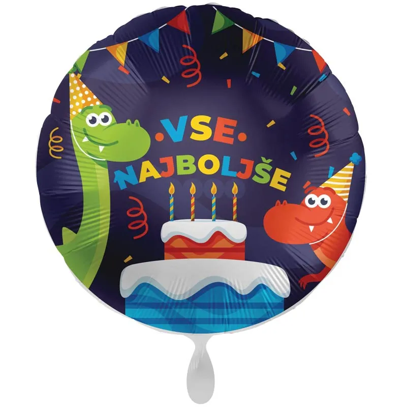 Balon napihljiv, za helij, Vse najboljše, torta in dinozavra, 43 cm
