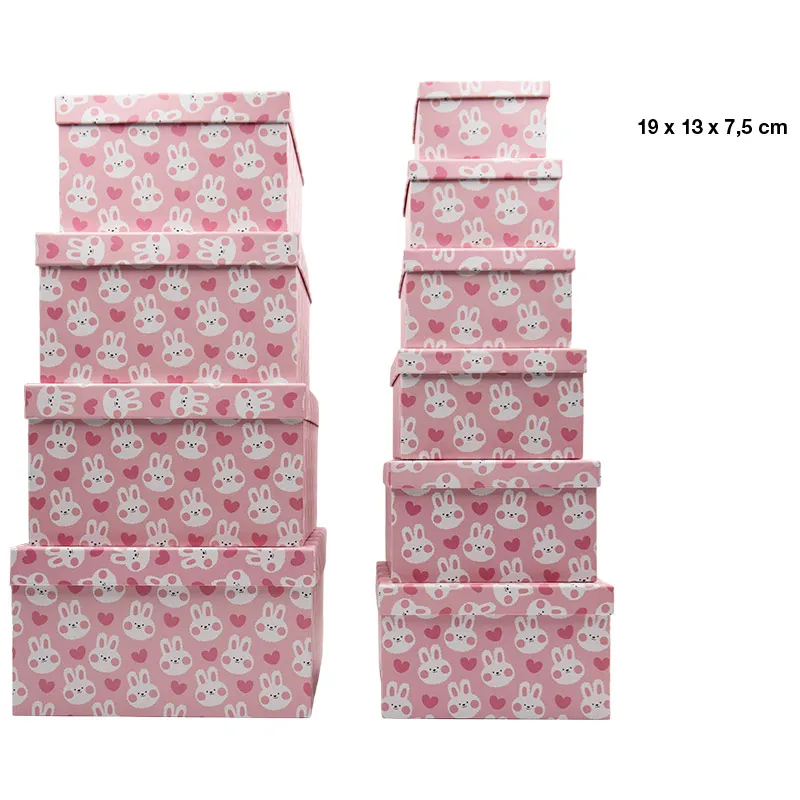 Darilna škatla kartonska, roza z zajčki, 19x13x7.5cm