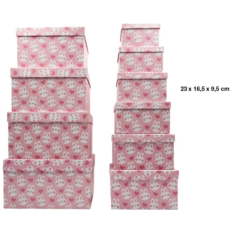 Darilna škatla kartonska, roza z zajčki, 23x16.5x9.5cm