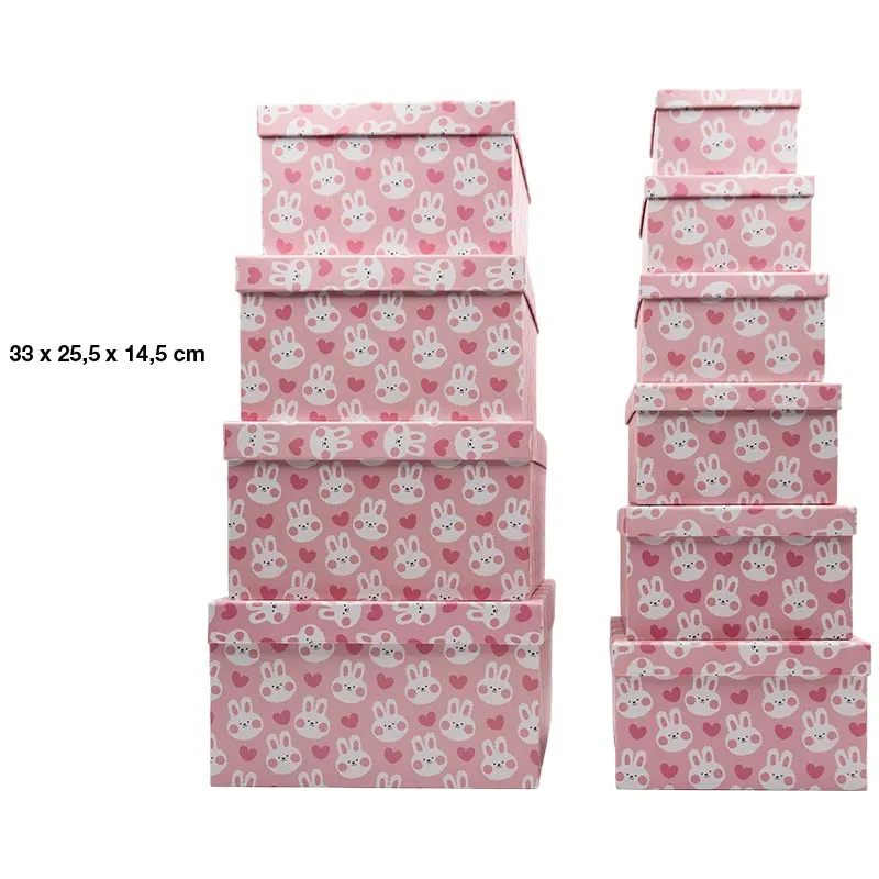 Darilna škatla kartonska, roza z zajčki, 33x25.5x14.5cm