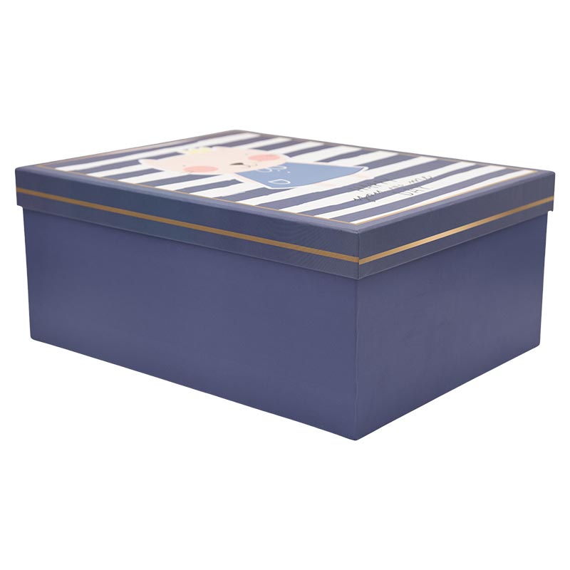 Darilna škatla kartonska, modra z otroškim motivom mačke, 35x27x15.5cm