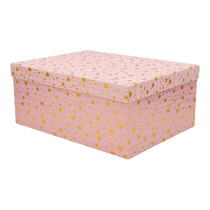 Darilna škatla kartonska, roza z zlatimi srčki, 33x25.5x14.5cm