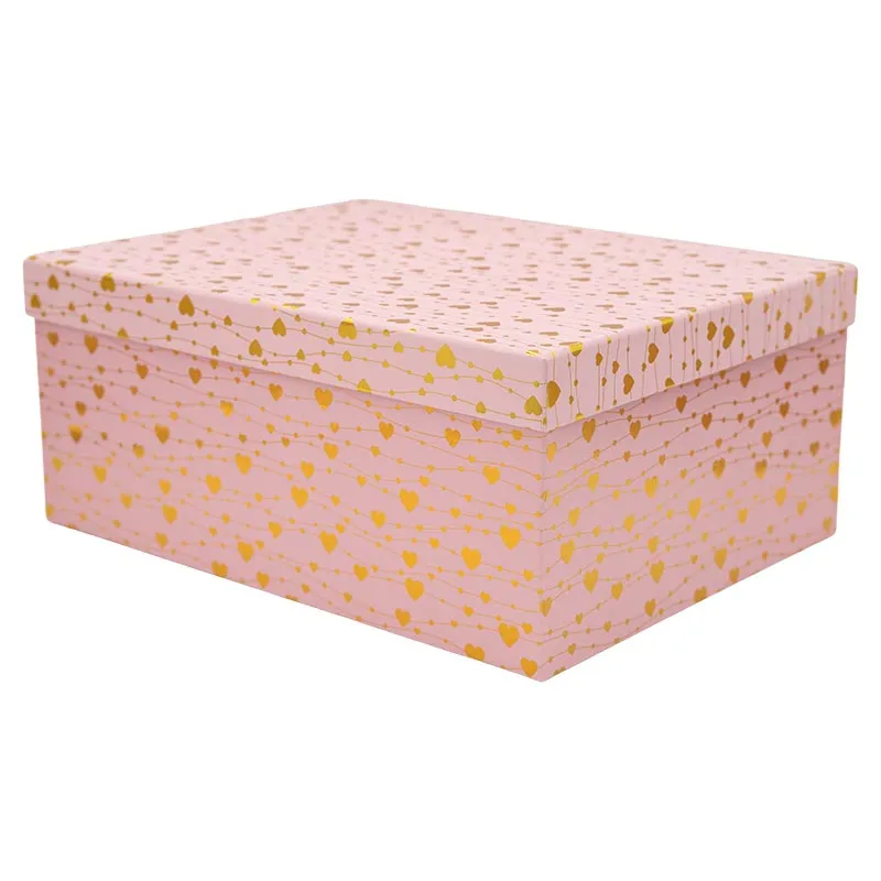 Darilna škatla kartonska, roza z zlatimi srčki, 35x27x15.5cm