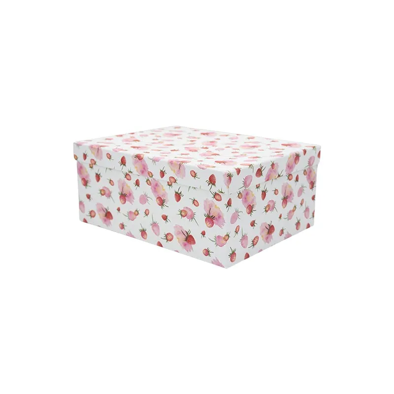 Darilna škatla kartonska, bela z motivom jagod, 19x13x7.5cm