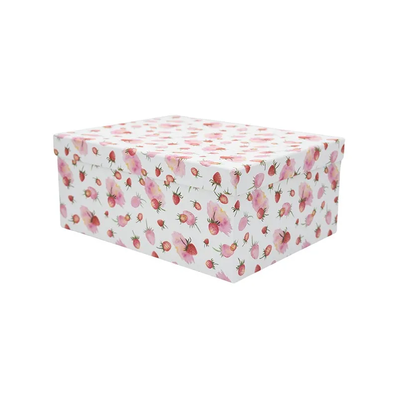 Darilna škatla kartonska, bela z motivom jagod, 25x18x10.5cm