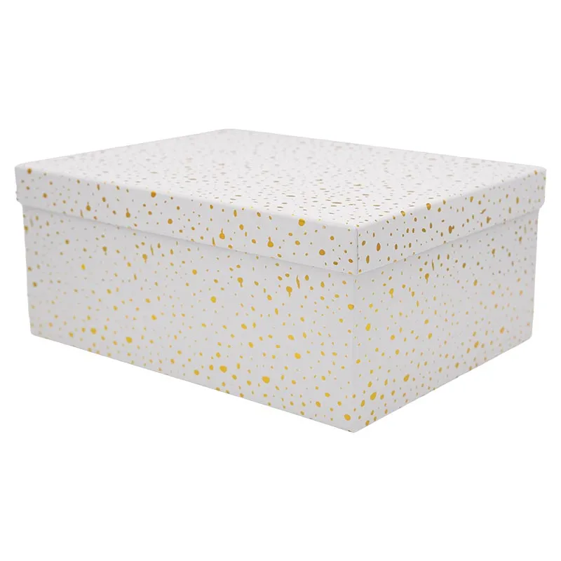 Darilna škatla kartonska, bela z zlatimi pikami, 35x27x15.5cm