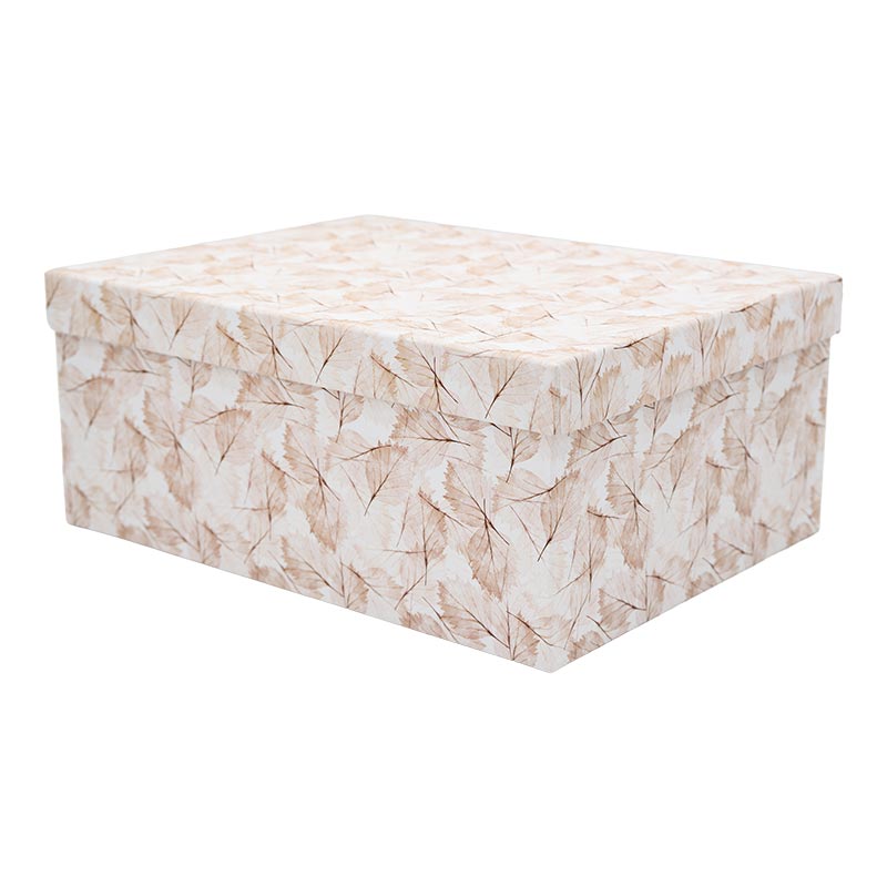Darilna škatla kartonska, bela z motivom listja, 33x25.5x14.5cm