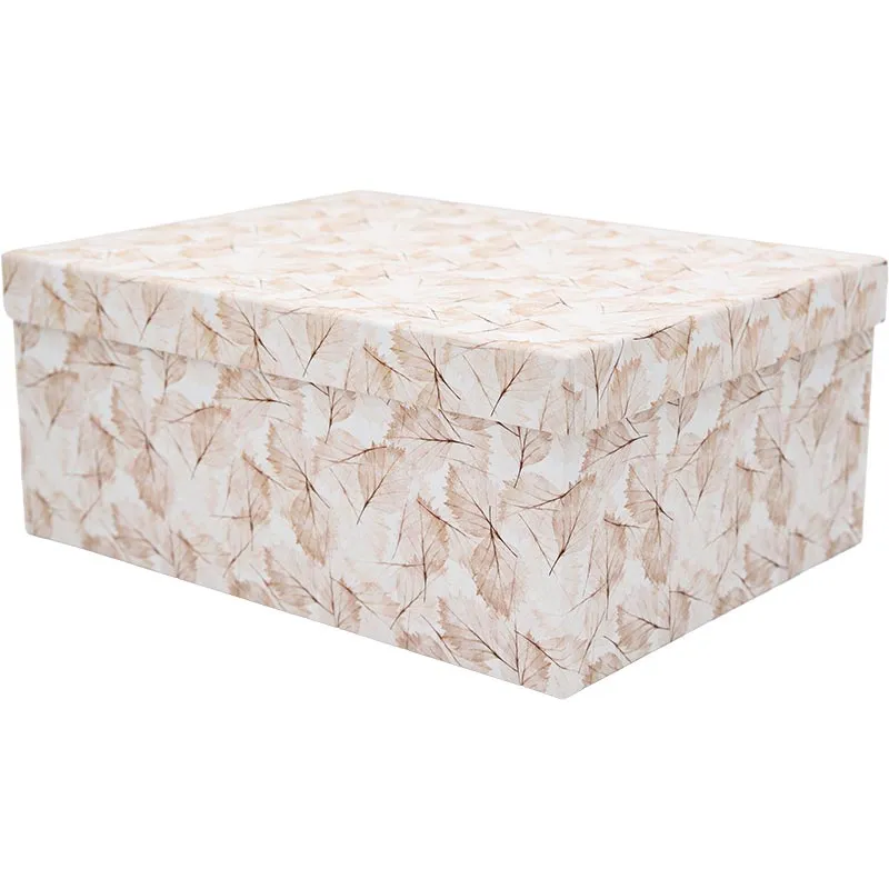 Darilna škatla kartonska, bela z motivom listja, 37.5x29x16cm