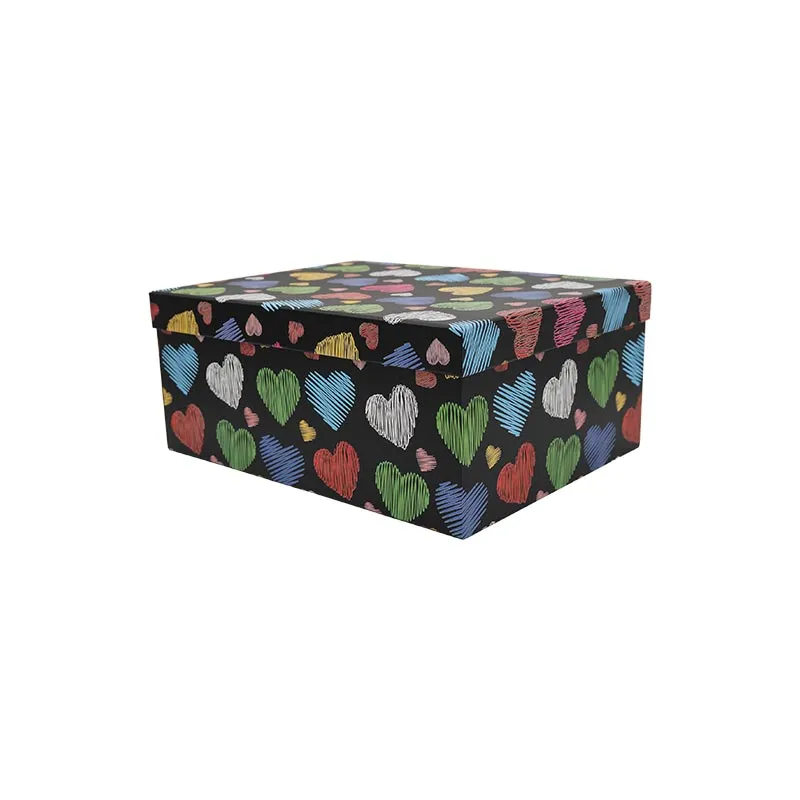 Darilna škatla kartonska, črna z barvnimi srčki, 19x13x7.5cm
