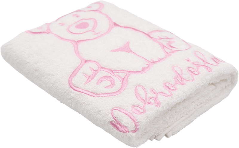 Brisača za rojstvo, roza medvedek, Dobrodošla, bela, 100x50cm, 100% bombaž