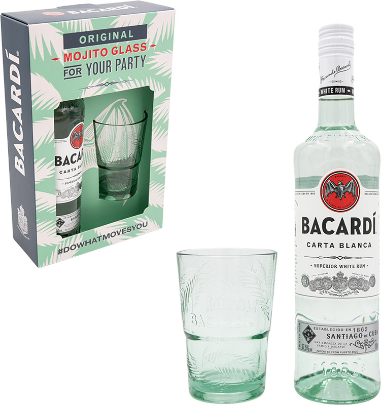 Bacardi Carta Blanca White Rum, 0.70l + kozarec, v darilni embalaži