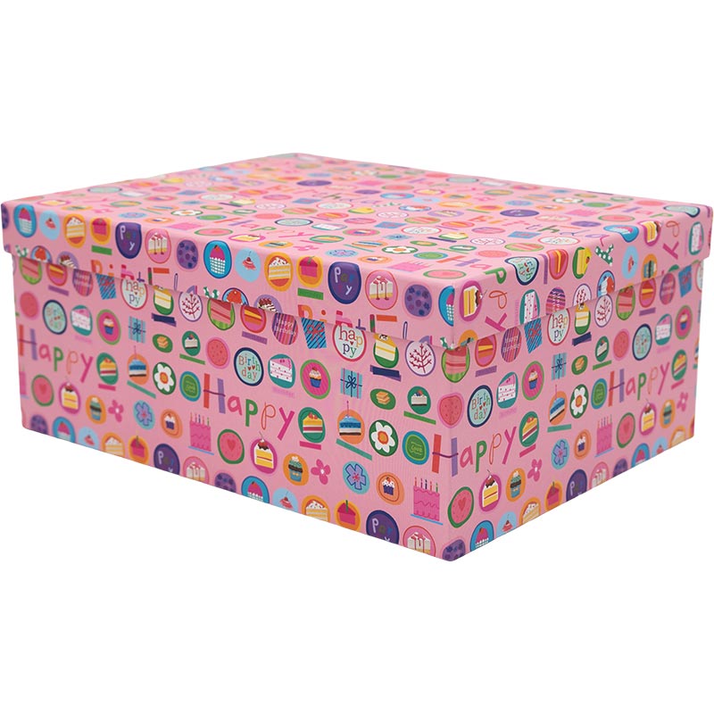 Darilna škatla kartonska, roza, Happy Birthday, 37.5x29x16cm