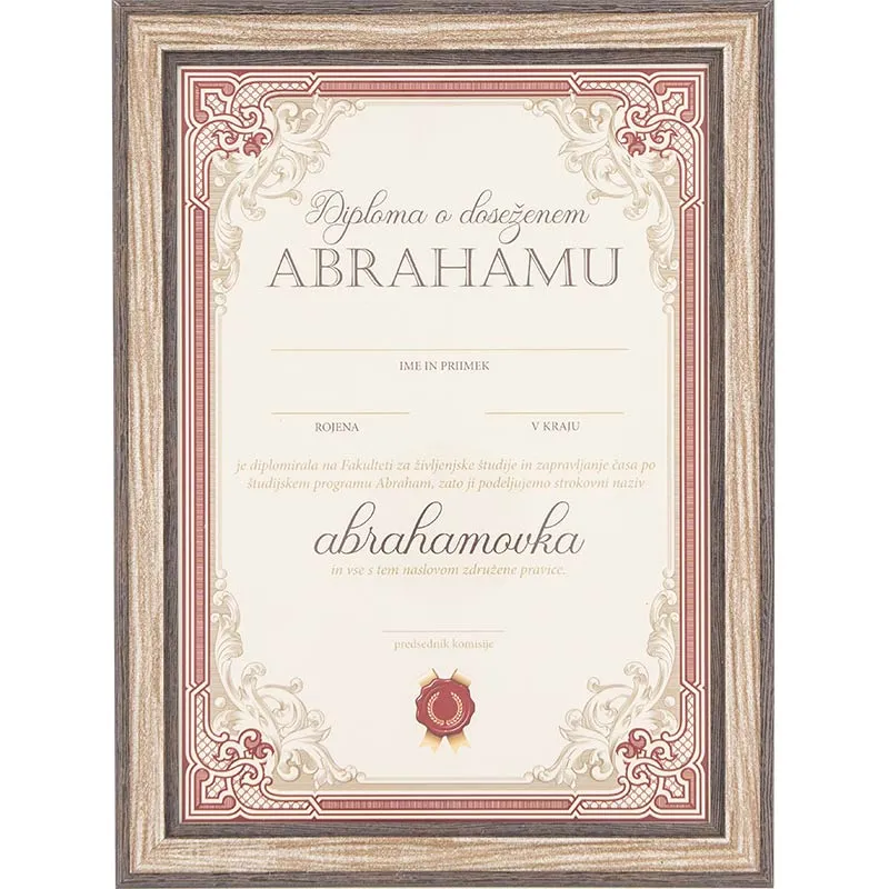 Diploma za ABRAHAMOVKO, 21x29.7x1.5cm