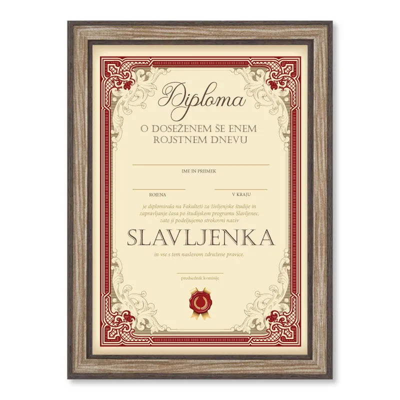 Diploma za SLAVLJENKO, 21x29.7x1.5cm