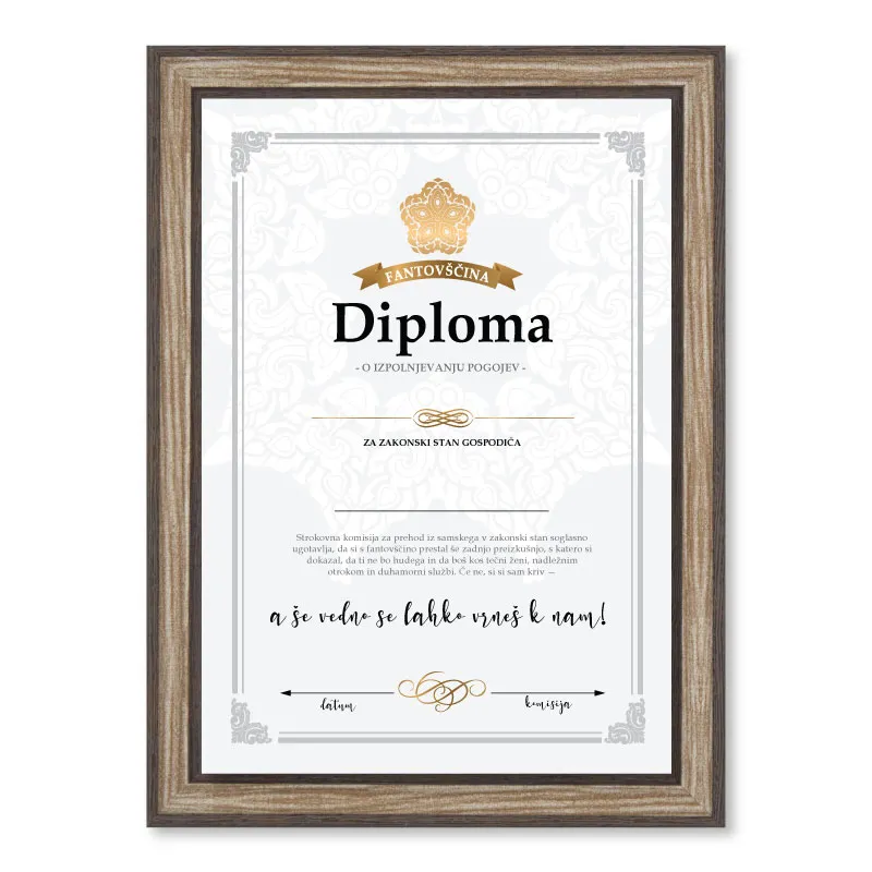 Diploma za FANTOVŠČINO, 21x29.7x1.5cm