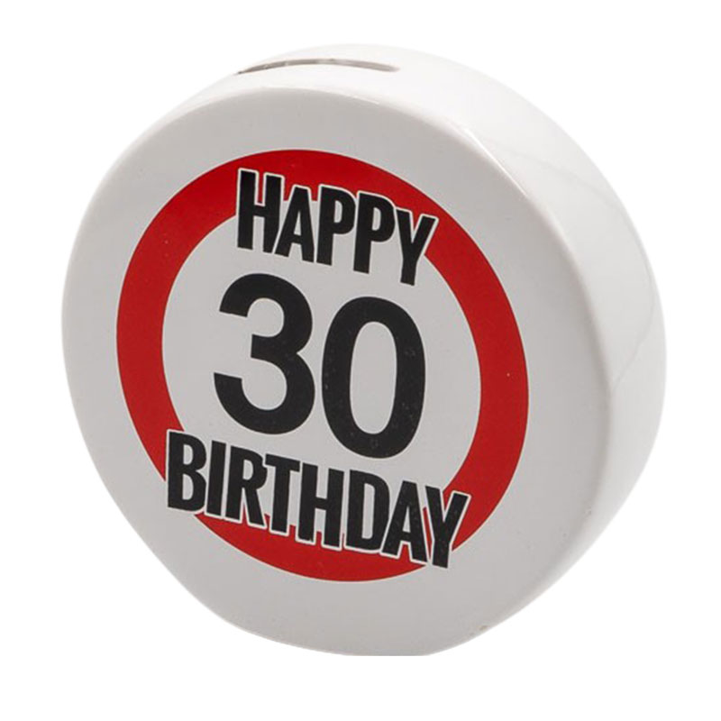 Hranilnik "Happy Birthday" prometni znak 30, keramika, 13cm