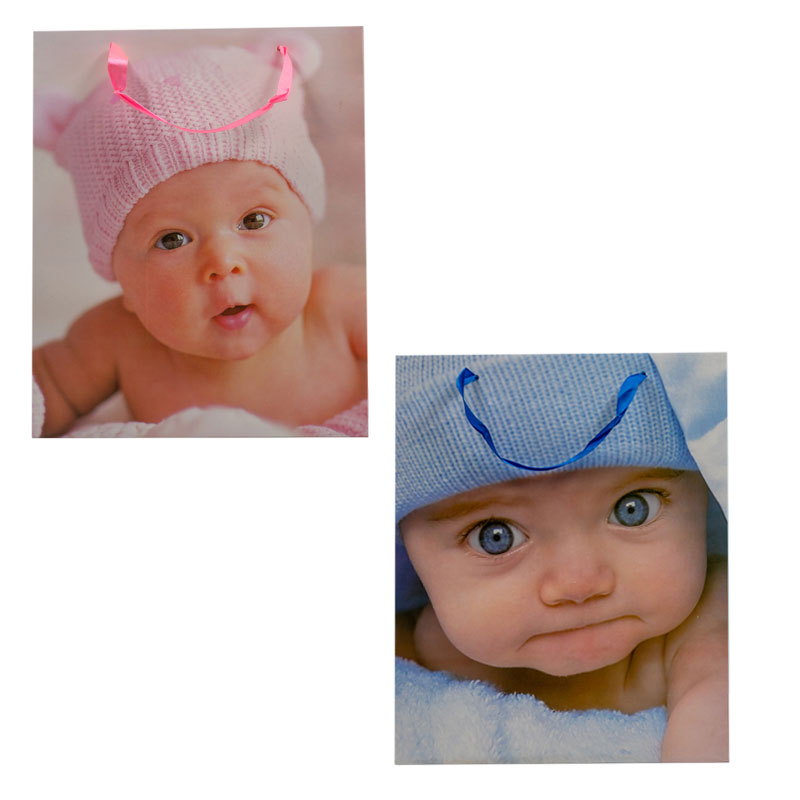 Vrečka darilna, 31.5x26x11.5 cm, dojenčkov obraz, roza/modra