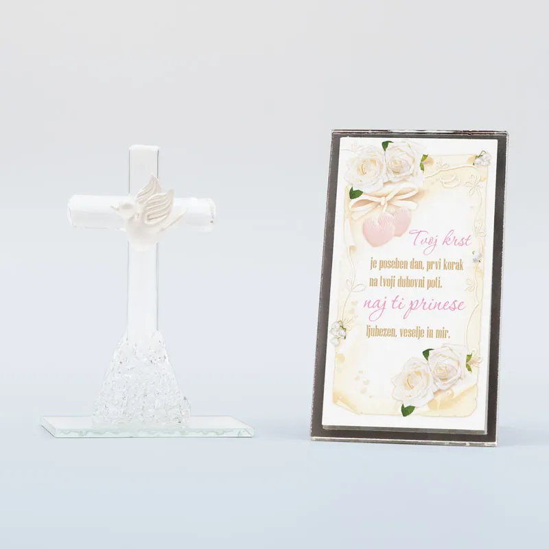 Križ steklen z golobom v darilni škatlici s posvetilom za krst, "Tvoj krst roza", 10cm