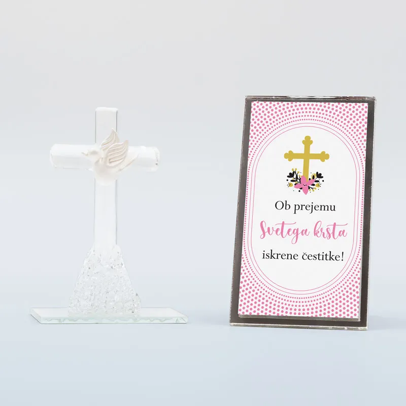 Križ steklen z golobom v darilni škatlici s posvetilom za krst, "Ob prejemu roza", 10cm