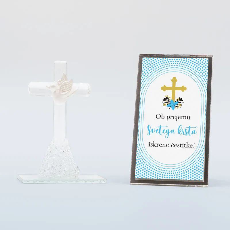 Križ steklen z golobom v darilni škatlici s posvetilom za krst, "Ob prejemu moder", 10cm