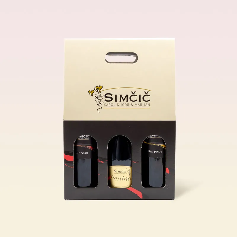 Suha vina Simčič , Sivi Pinot (0.75l), Refošk (0.75l), Penina (0.75l), v darilni embalaži