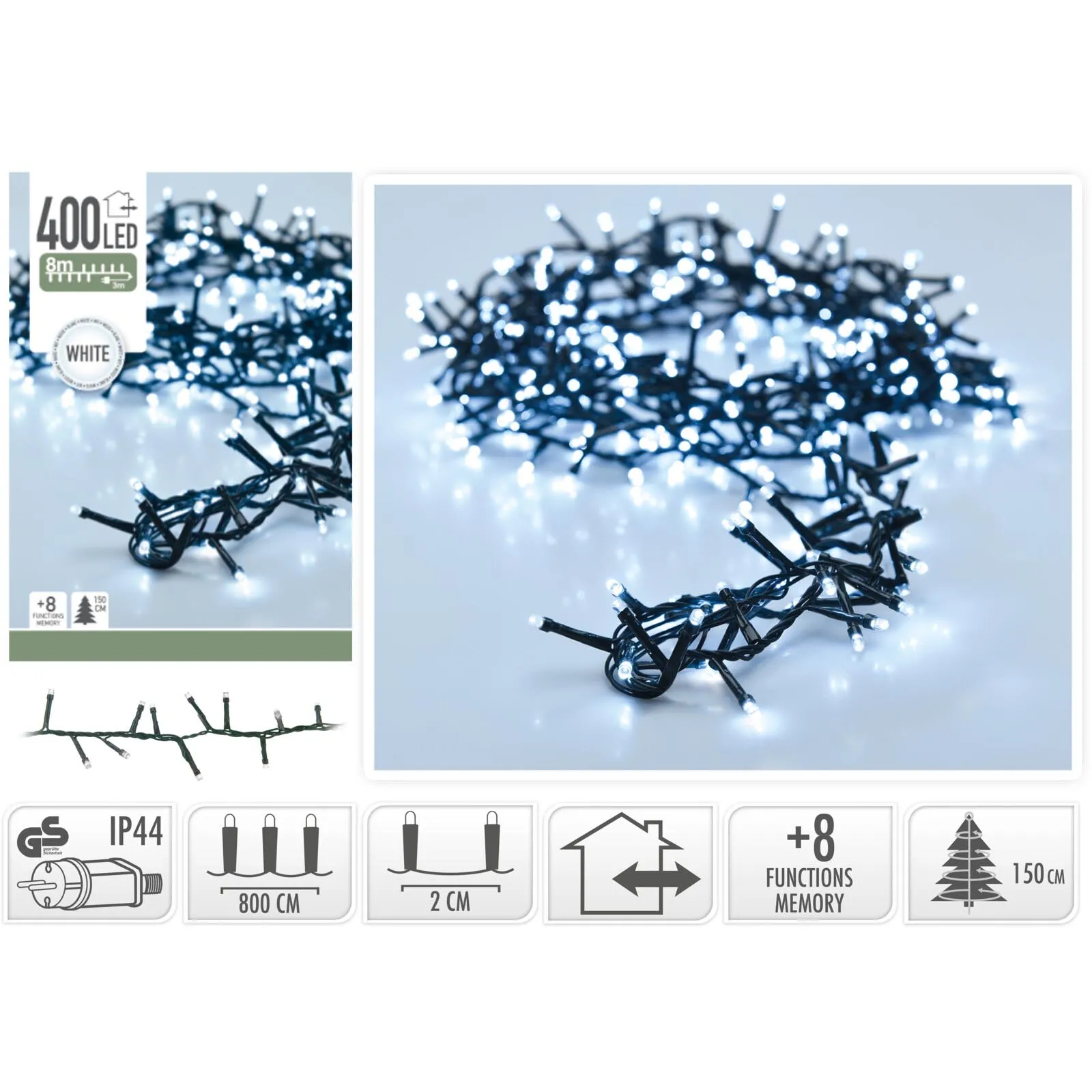 Božične lučke za notranjo in zunanjo uporabo, veriga, 400 LED, bele, 8 funkcij, 8m+3m