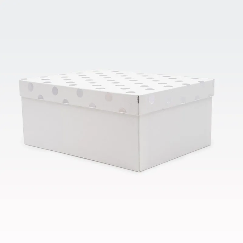 Darilna škatla kartonska, bela, s srebrnimi pikami na pokrovu, 29x22x12.5cm