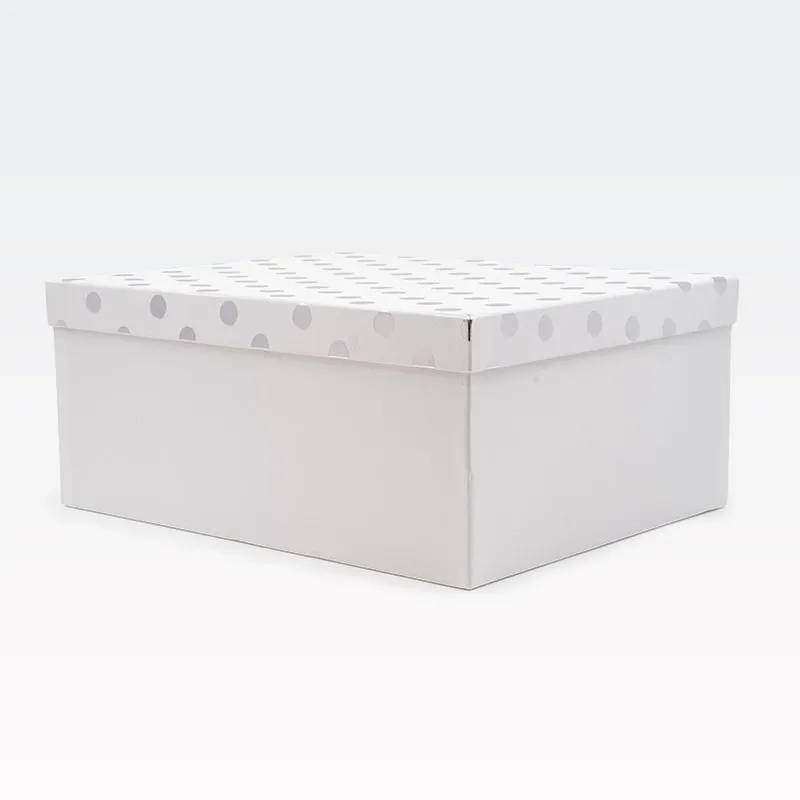 Darilna škatla kartonska, bela, s srebrnimi pikami na pokrovu, 37.5x29x16cm
