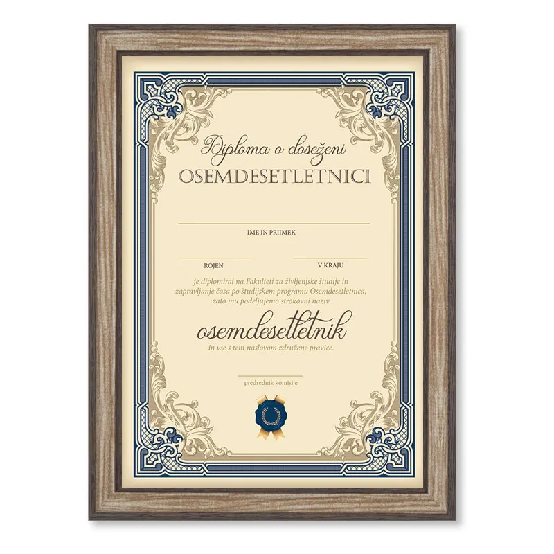 Diploma ROJSTNI DAN, Osemdesetletnik, modra, (36x25cm)