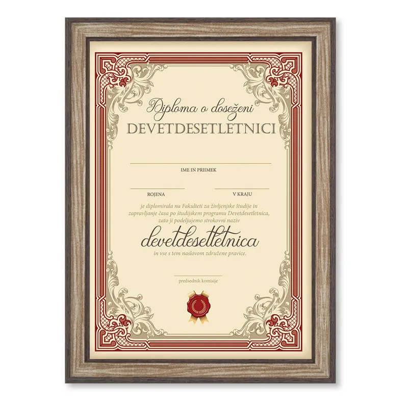 Diploma ROJSTNI DAN, Devetdesetletnica, rdeča, (36x25cm)