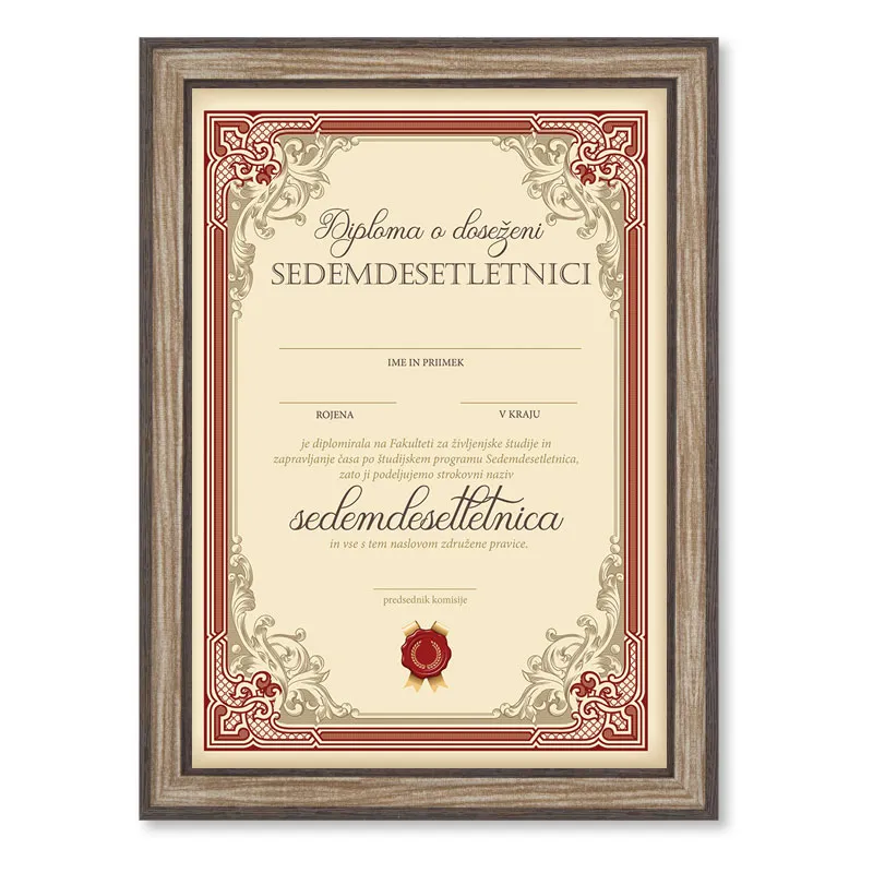 Diploma ROJSTNI DAN, Sedemdesetletnica, rdeča, (36x25cm)