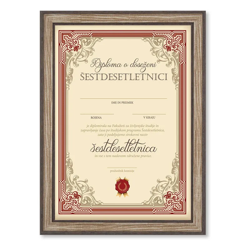 Diploma ROJSTNI DAN, Šestdesetletnica, rdeča, (36x25cm)