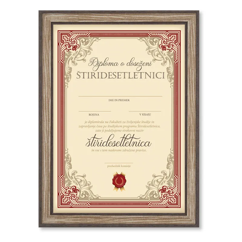 Diploma ROJSTNI DAN, Štiridesetletnica, rdeča, (36x25cm)