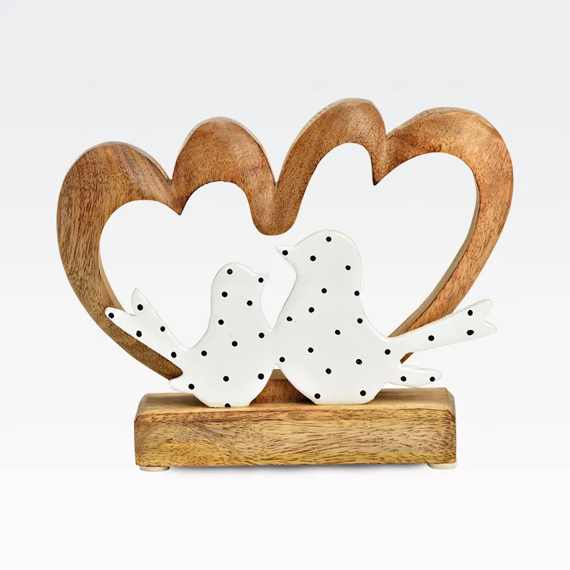 Srčka z belimi ptički, lesena, rjava, 19x15x5cm