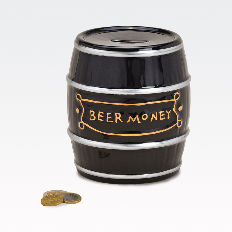 Hranilnik, pivski sod, "BEER MONEY", črn, keramika, 13x14x13cm