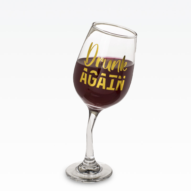 Kozarec za vino, ukrivljen, "Drunk again", 420ml, 8.5x22.5cm