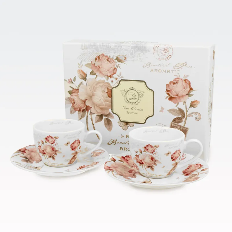 Set 2 skodelic za espreso s podstavkom - vrtnice, v darilni embalaži, "SECESSION", new bon, 6.5cm
