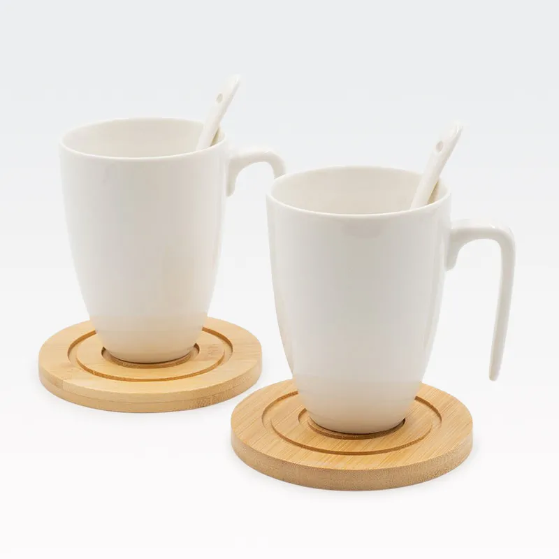 Set skodelic s podstavki in žličkami, porcelan/bambus, v embalaži, 2x360ml