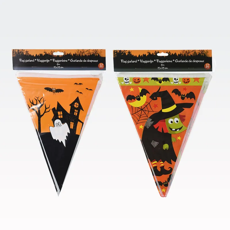 Girlanda, zastavice z motivom za halloween iz PVC, 12zastavic, 19x29cm, 4m, sort.